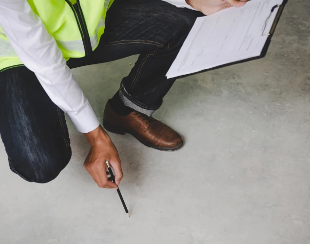 Contractor examines basement floor of home
